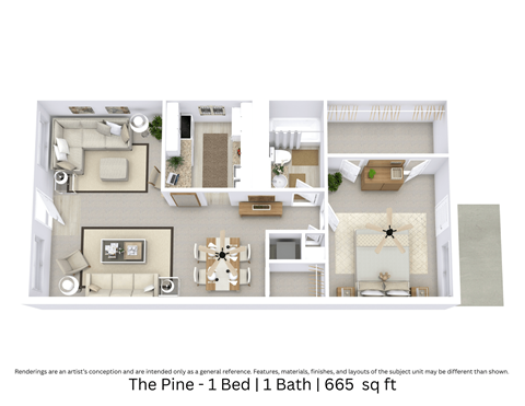 Floor plan for 1 bed, 1 bath, 665 sqft